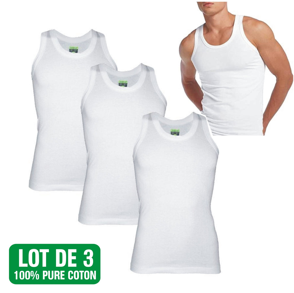 Debardeur Blanc 100% Coton (Lot de 3 Pieces)
